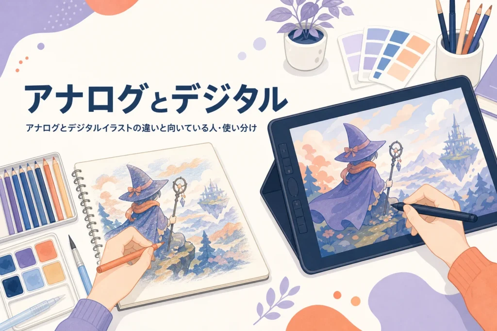 紙の画材と液晶タブレットを並べて、アナログとデジタルイラストの違いを表したアイキャッチ