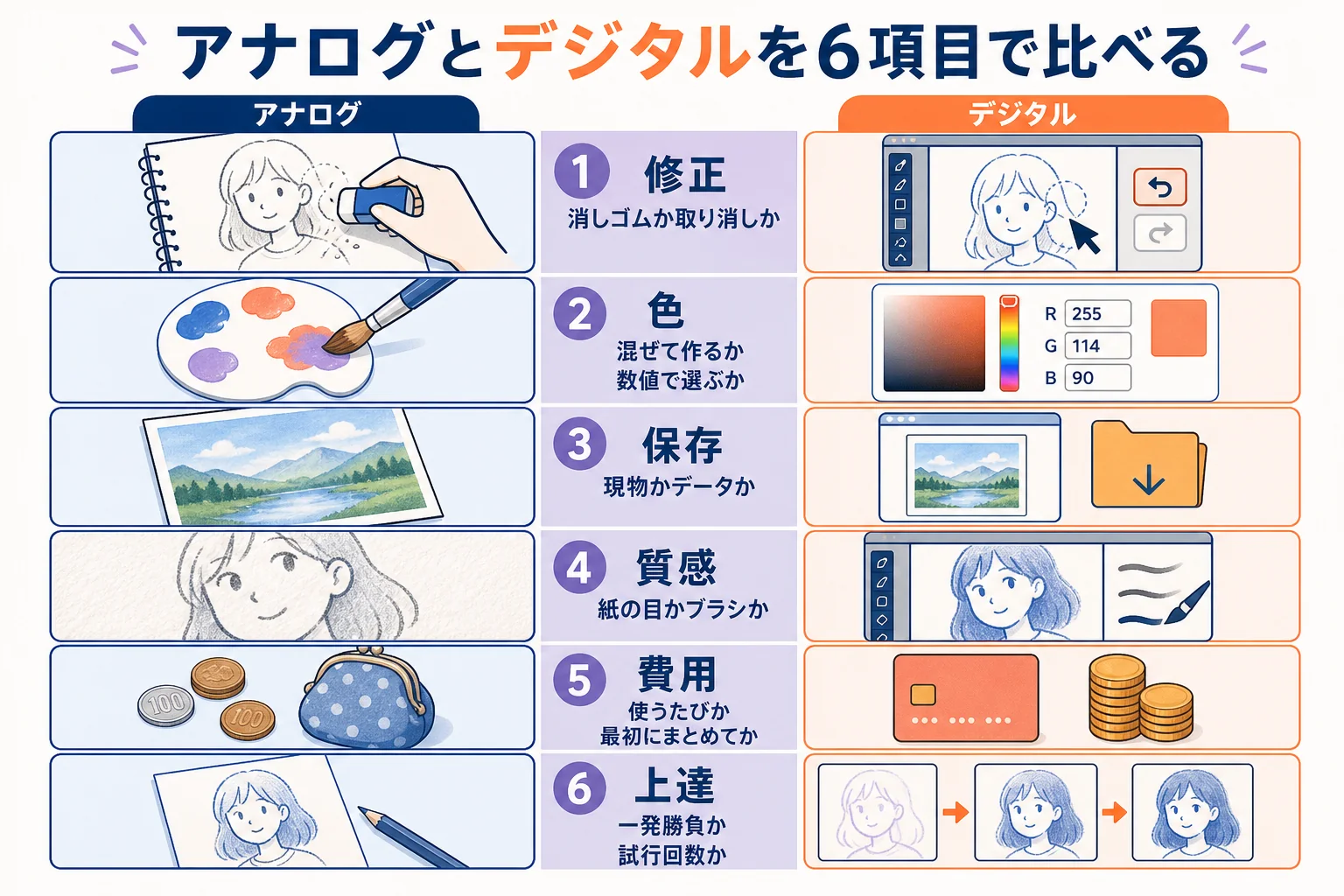 修正・色・保存・質感・費用の出方・上達の仕方の6項目でアナログとデジタルイラストを比べた図解