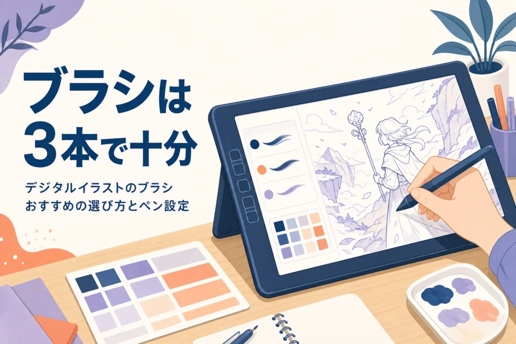 液晶タブレットでブラシを選びながら線画を描く手元を表したアイキャッチ