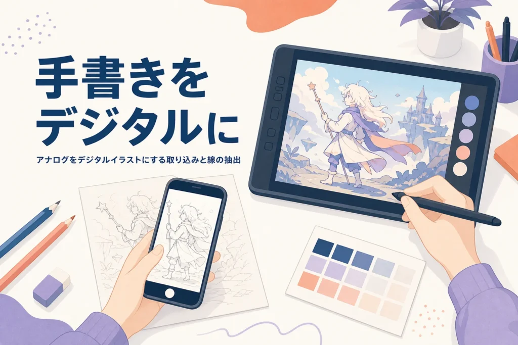 手書きの線画をスマホで取り込み、タブレットで色を塗る様子を表したアイキャッチ