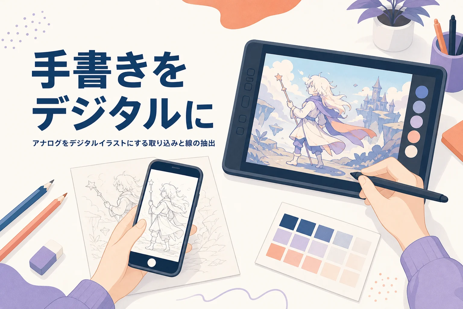 手書きの線画をスマホで取り込み、タブレットで色を塗る様子を表したアイキャッチ