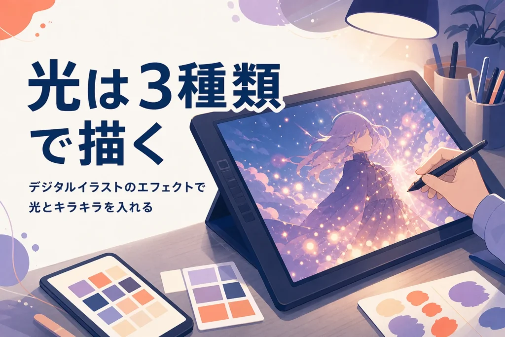 液晶タブレットでイラストに光とキラキラのエフェクトを描き足している手元を表したアイキャッチ