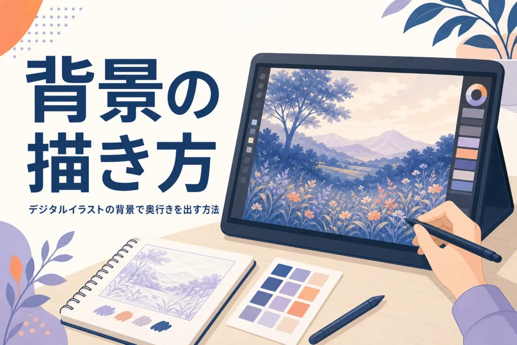 液晶タブレットで奥行きのある風景を描いている、デジタルイラストの背景の描き方のアイキャッチ