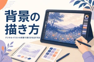 液晶タブレットで奥行きのある風景を描いている、デジタルイラストの背景の描き方のアイキャッチ