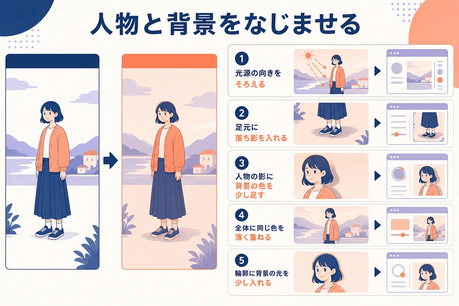 人物と背景の光の向きと色をそろえて、なじませる手順を示した図解