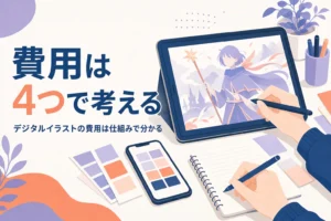 デジタルイラストの費用を考える描き手の机のイメージ