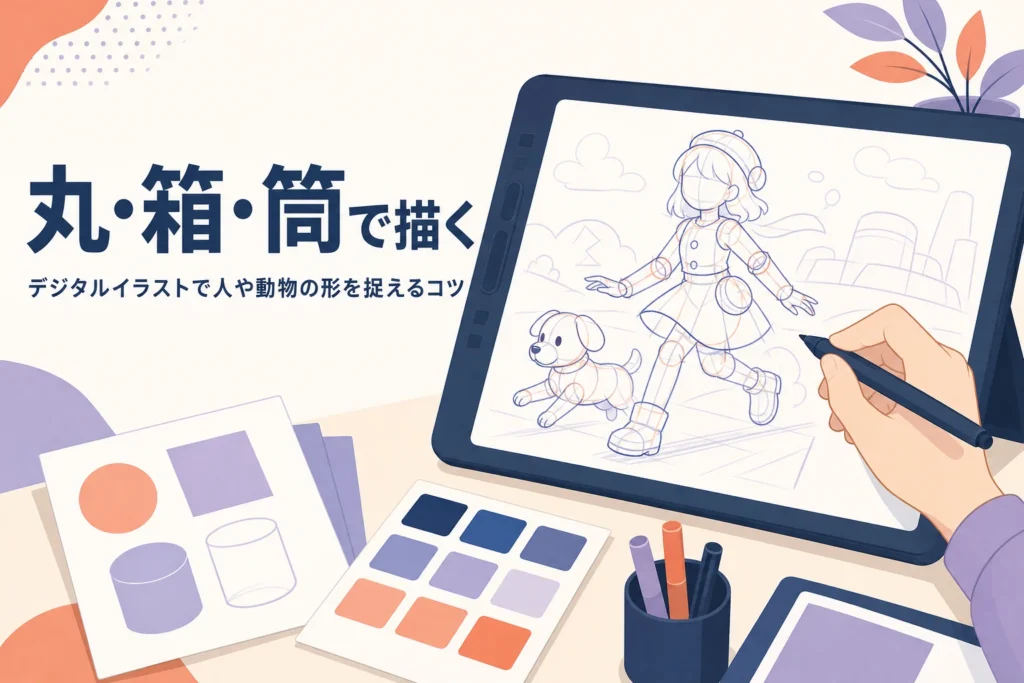 液晶タブレットで丸・箱・筒のアタリから人物と動物のラフを描いている手元を表したアイキャッチ