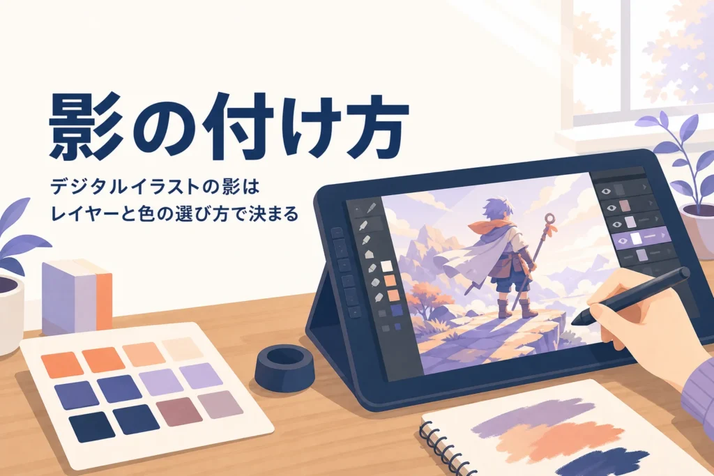液晶タブレットでキャラクターに影のレイヤーを重ねている、デジタルイラストの影の付け方のアイキャッチ