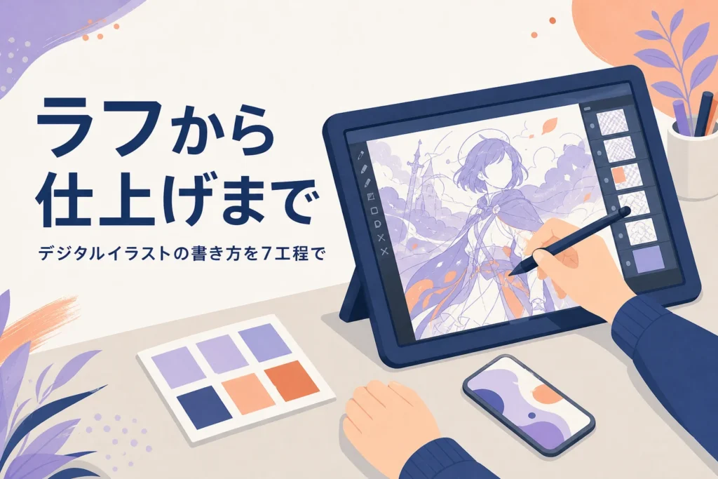デジタルイラストの書き方をラフから仕上げまでの7工程で紹介する記事のアイキャッチ