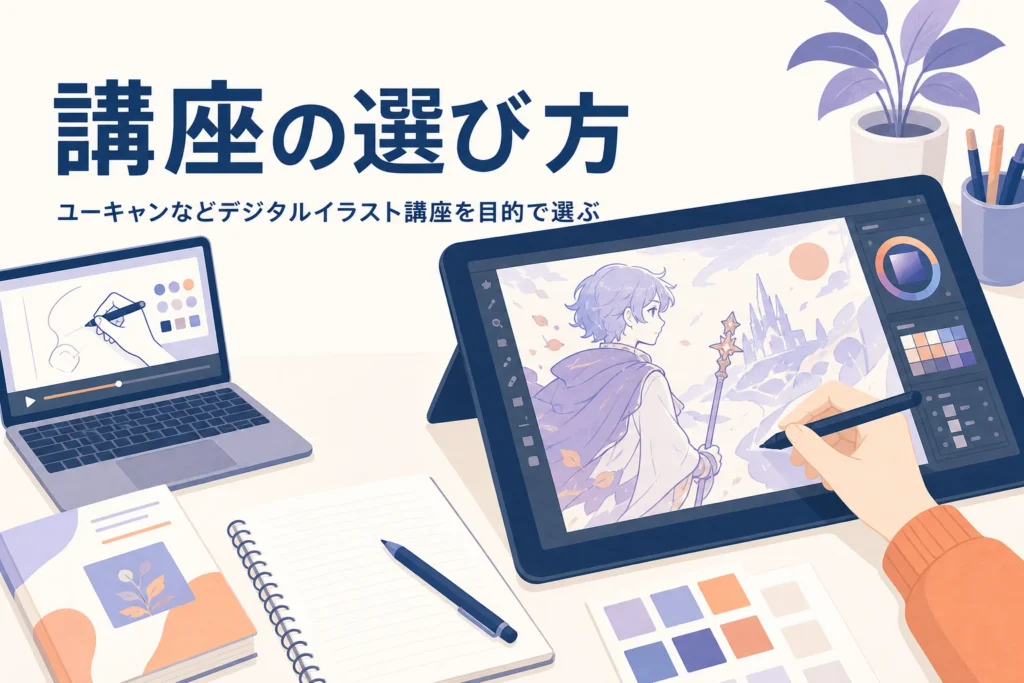 デジタルイラスト講座で学ぶ机の上のペンタブレットと教材のイメージ