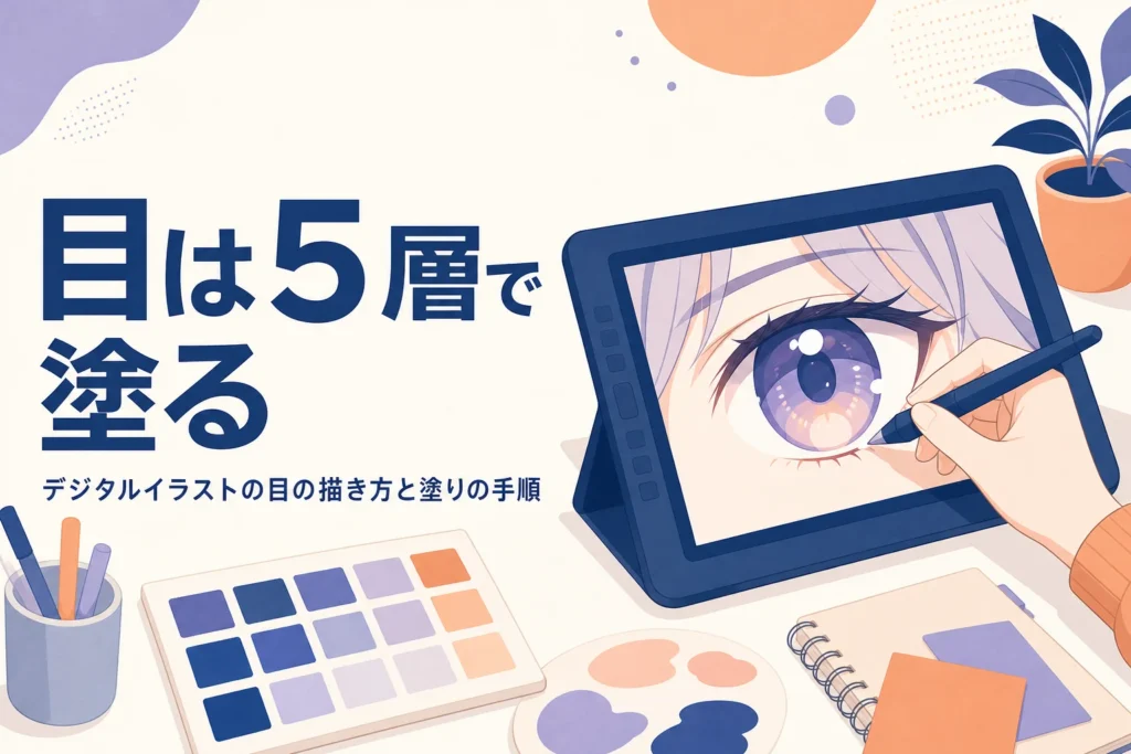 液晶タブレットでキャラクターの目にハイライトを入れる手元を表したアイキャッチ