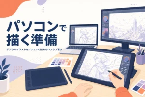 パソコンとペンタブレットが並んだデジタルイラストの作業机のイメージ