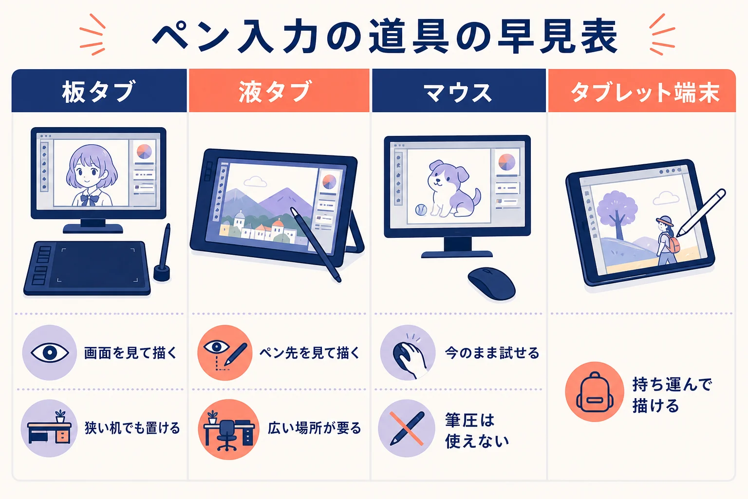 板タブ・液タブ・マウスを視線と机の広さで比べた早見表の図解