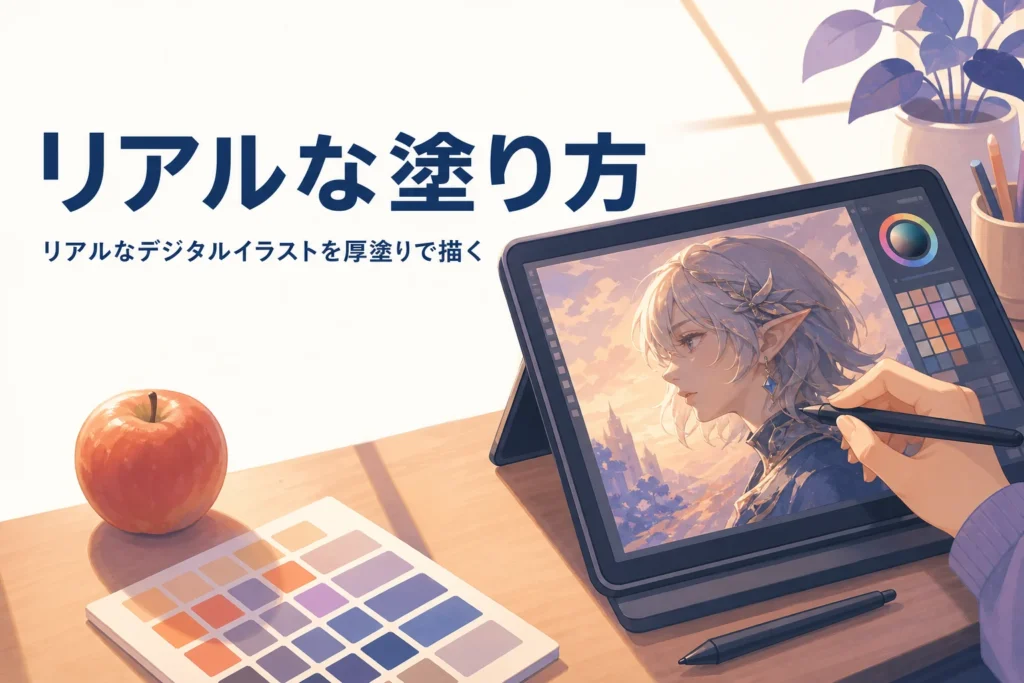 液晶タブレットで厚塗りのリアルな人物イラストを描いている、リアルなデジタルイラストの描き方のアイキャッチ