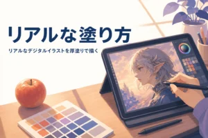 液晶タブレットで厚塗りのリアルな人物イラストを描いている、リアルなデジタルイラストの描き方のアイキャッチ