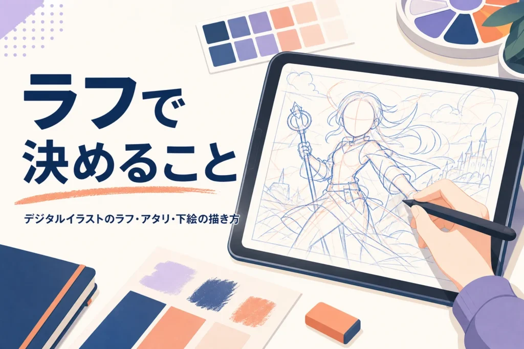 デジタルイラストのラフ・アタリ・下絵の描き方を紹介する記事のアイキャッチ
