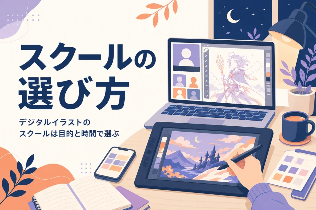 仕事のあとにデジタルイラストのスクールで学ぶ机の上のイメージ