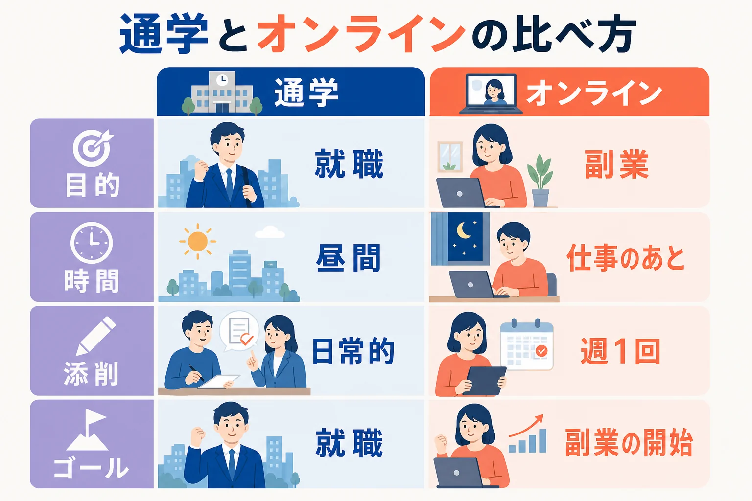 デジタルイラストのスクールを目的・時間・添削・ゴールの4つで比べた図解