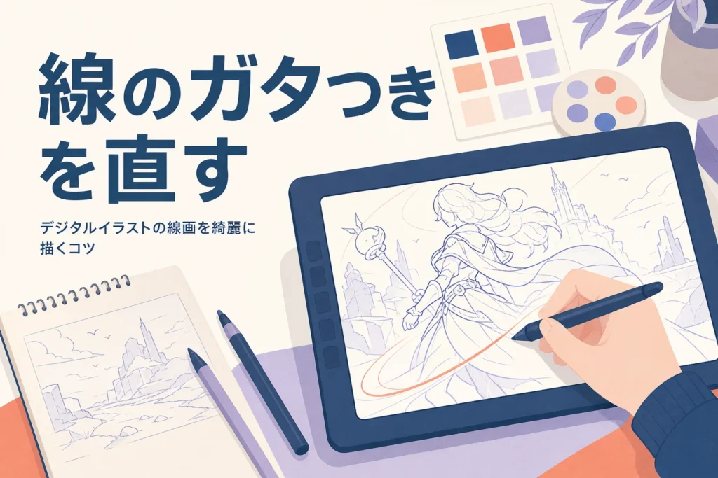 液晶タブレットで強弱のある線画を描く手元を表したアイキャッチ