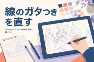 液晶タブレットで強弱のある線画を描く手元を表したアイキャッチ