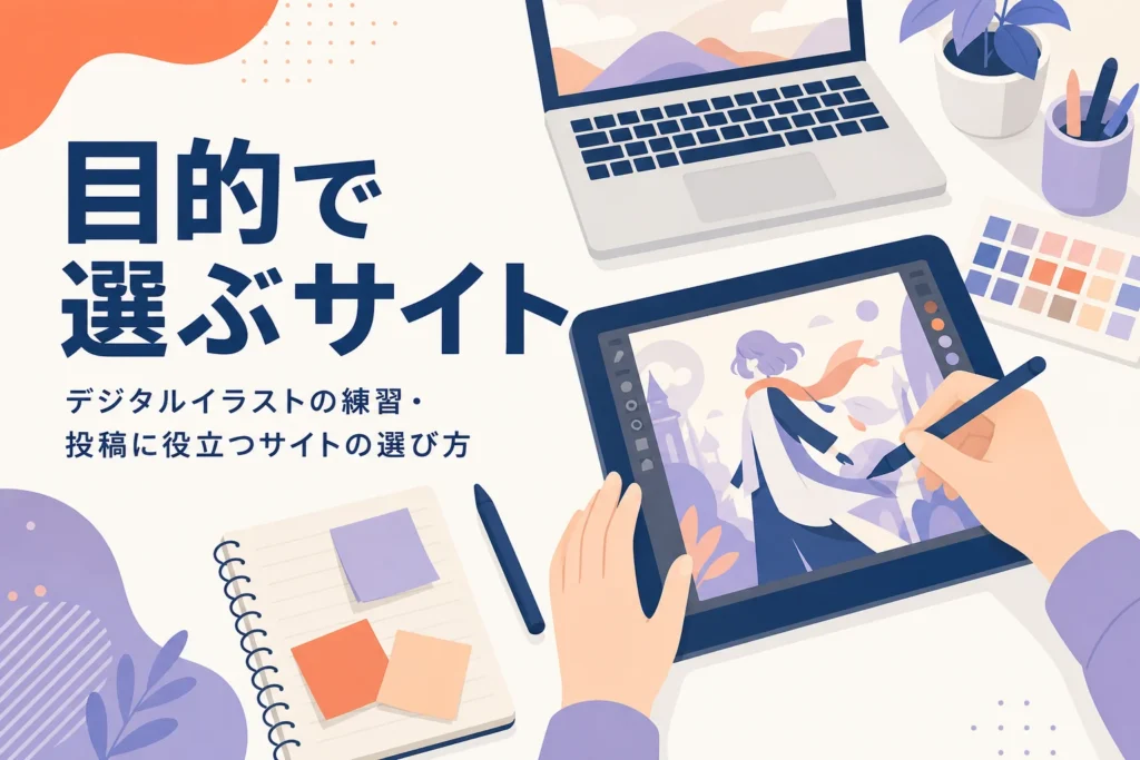 デジタルイラストの練習に役立つサイトを選んでいる机の上のイメージ
