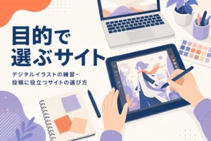 デジタルイラストの練習に役立つサイトを選んでいる机の上のイメージ