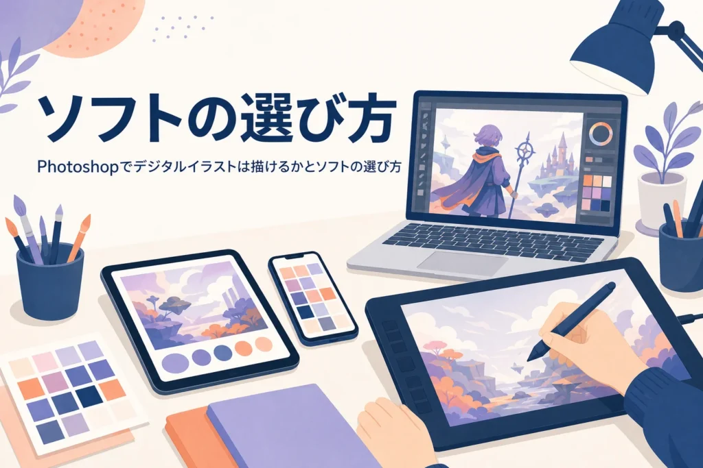 パソコンとタブレット、スマホが並んだデジタルイラストのソフト選びのイメージ