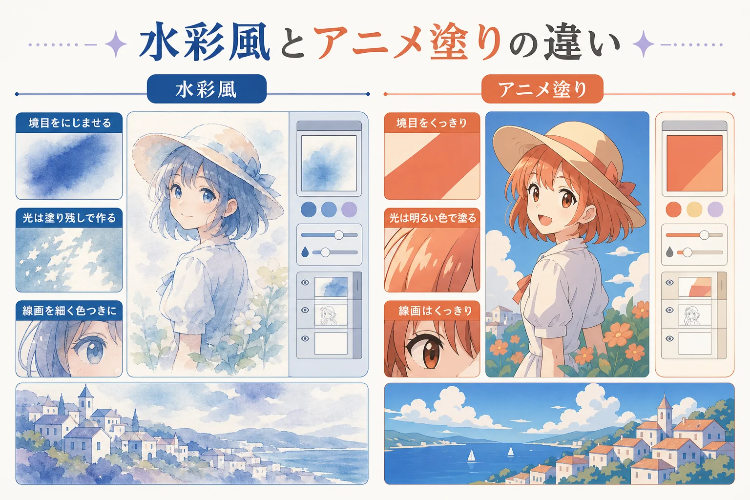 水彩風の塗りとアニメ塗りの違いを、線画・色の境目・光の作り方で比べた図解